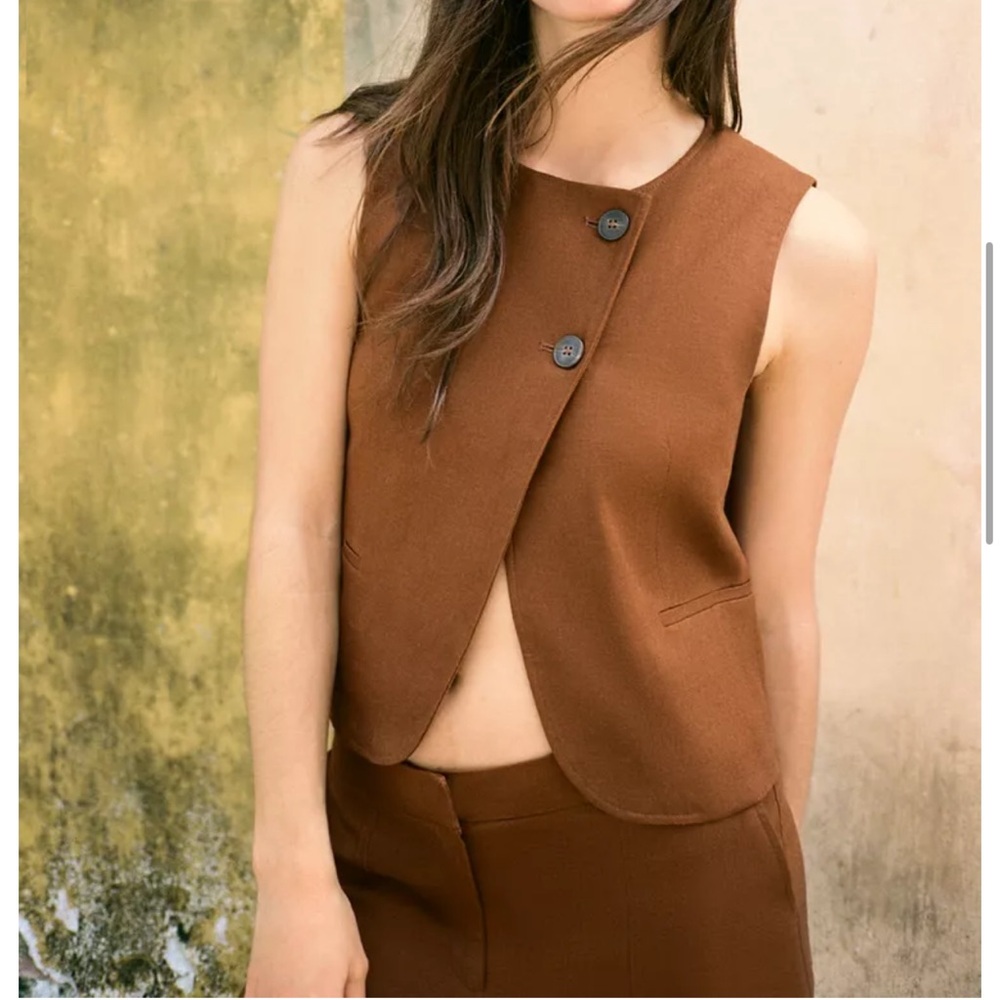 ZARA XS Linen Blend Wrap Waistcoat Vest Toffee Brown Asymmetric Button Tailored